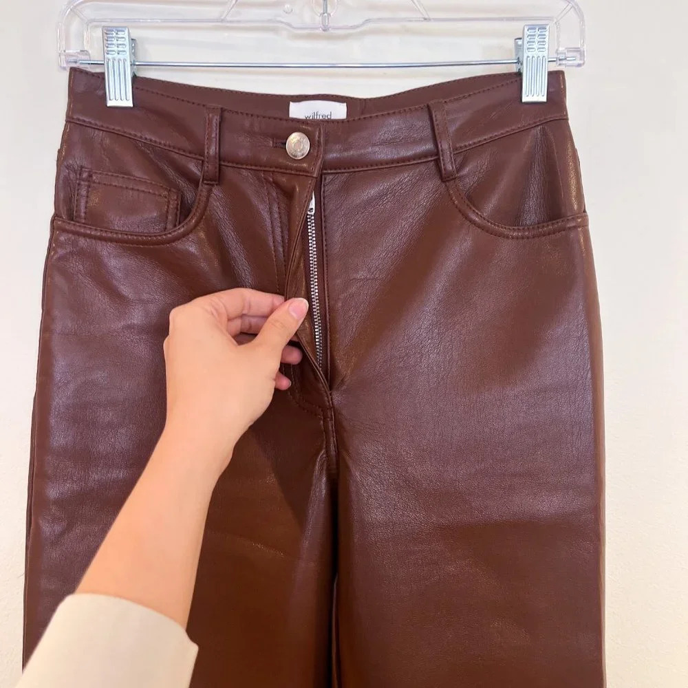 Wilfred The Melina Brown Faux Leather High Waist Classic Straight Leg Pants 4 - Picture 3 of 8